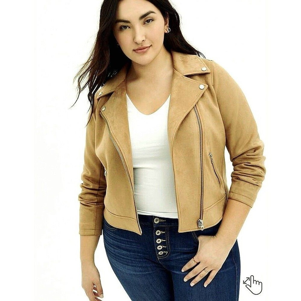 Torrid Faux Suede Jacket 2X Plus Size Moto Jacket Brown Stretch Boho Biker READ